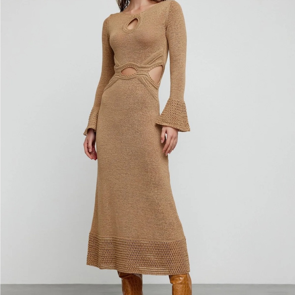 Elegant Brown Knit Dress with Cut-Out Details